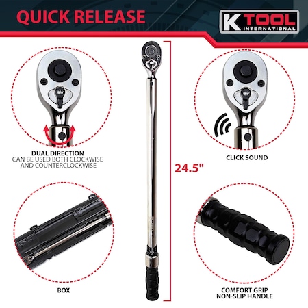 K-Tool International Adjustable Ratcheting Torque Wrench Usa Made, 30-250 Ft/Lb, 1/2" Drive KTI72126A